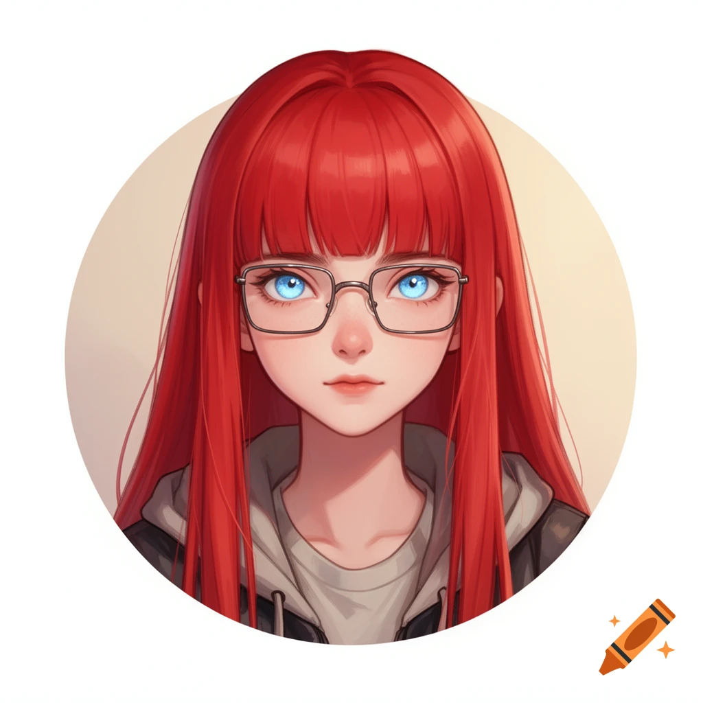Anime-style portrait of a girl with long red hair, blue eyes, and glasses in a round frame.