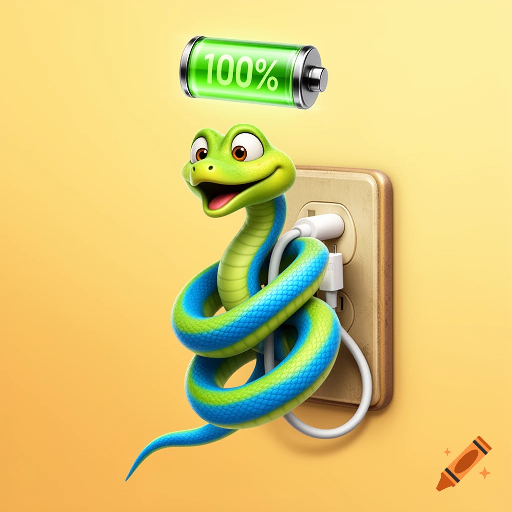 A funny cartoon green and blue snake is coiled around a wall outlet, plugged in with a charging cable. A glowing battery icon above its head shows 100%.