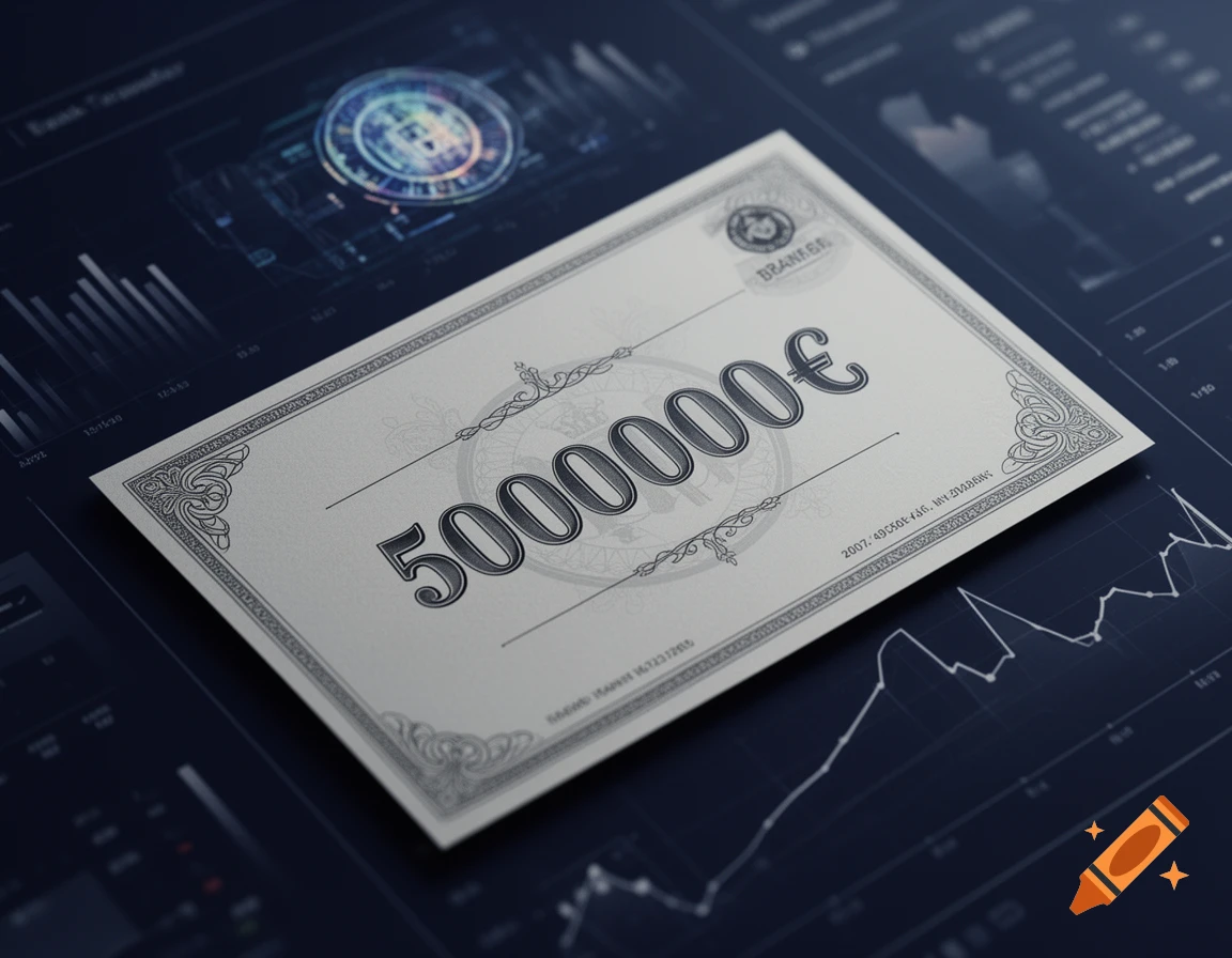 A stylized bank transfer receipt for 5,000,000 Euros on a dark blue digital interface with charts and graphs.