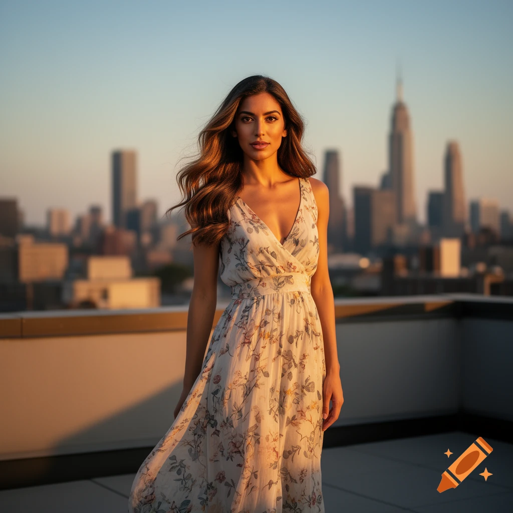 A woman in a floral dress stands on a rooftop with a city skyline in the background at sunset, photorealistic.