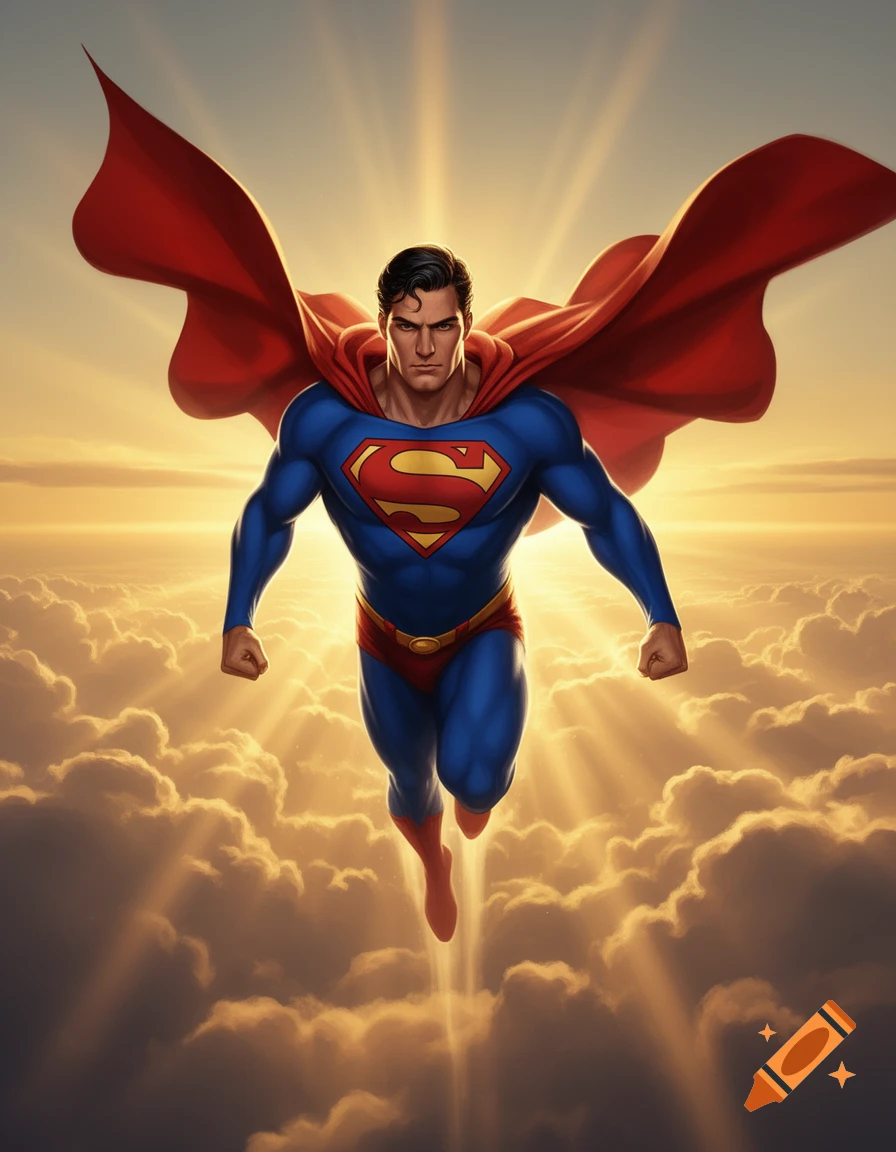 Superman flying heroically through golden clouds with sun rays, depicted in a vibrant comic art style.