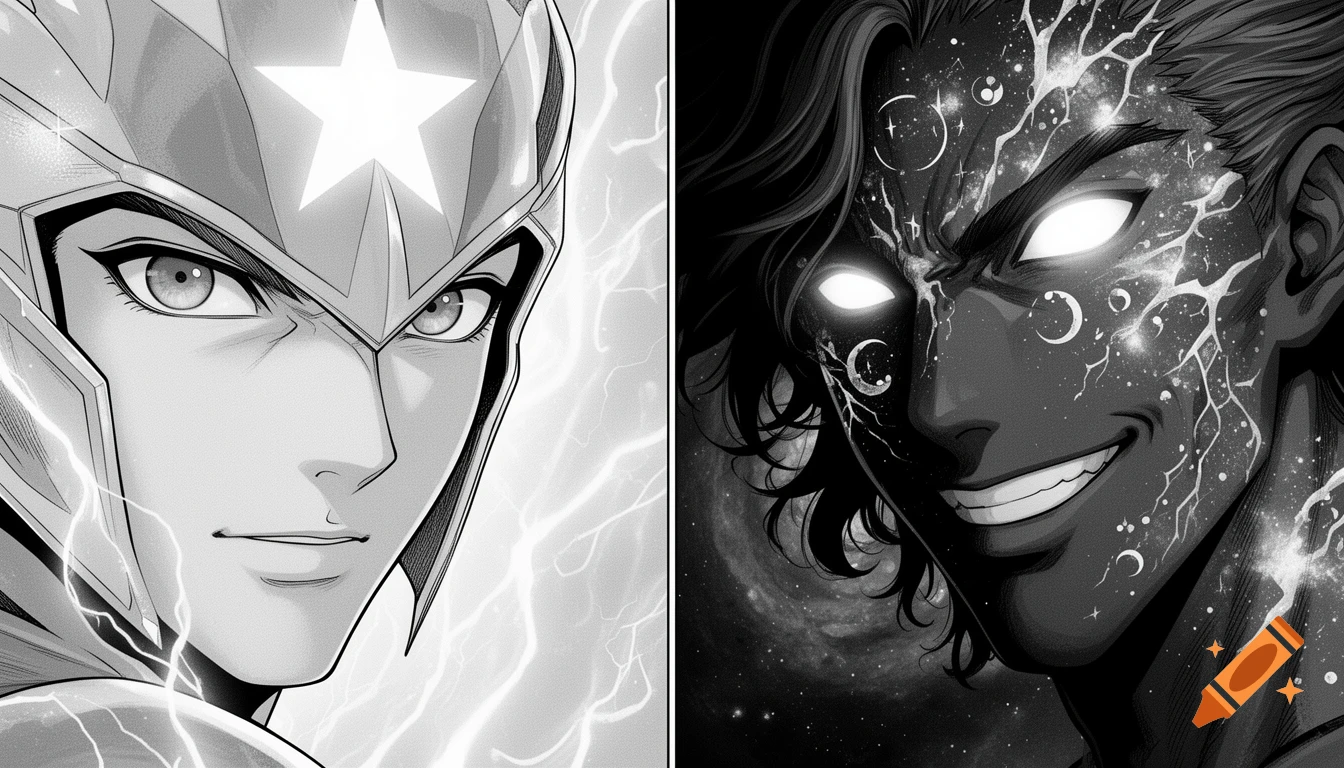 Manga-style split image in black and white: a stoic hero in a star helmet with lightning, and a grinning cosmic villain with glowing eyes.
