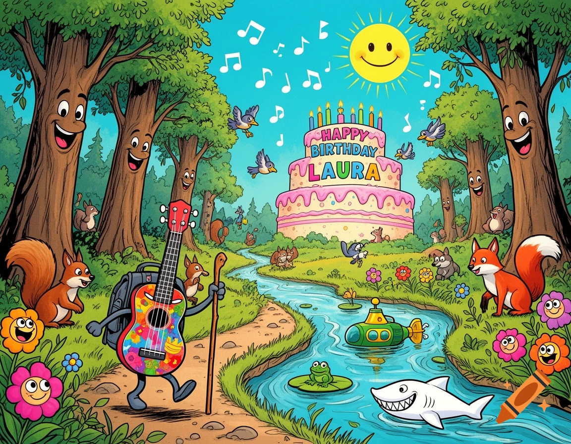 Vibrant cartoon forest scene with a smiling ukulele hiking, cheerful trees, animals, and a large 'Happy Birthday Laura' cake by a river.
