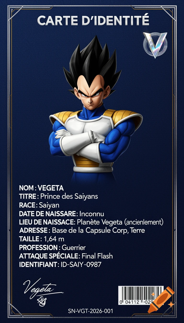 Vertical ID card for Vegeta from Dragon Ball Z, featuring his portrait, character details, a signature, and barcode on a dark blue background.