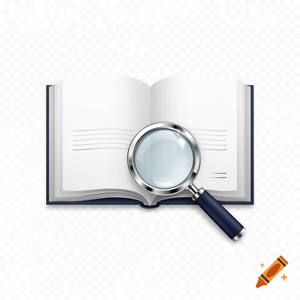 Vector-style icon of an open book with a magnifying glass on its pages.