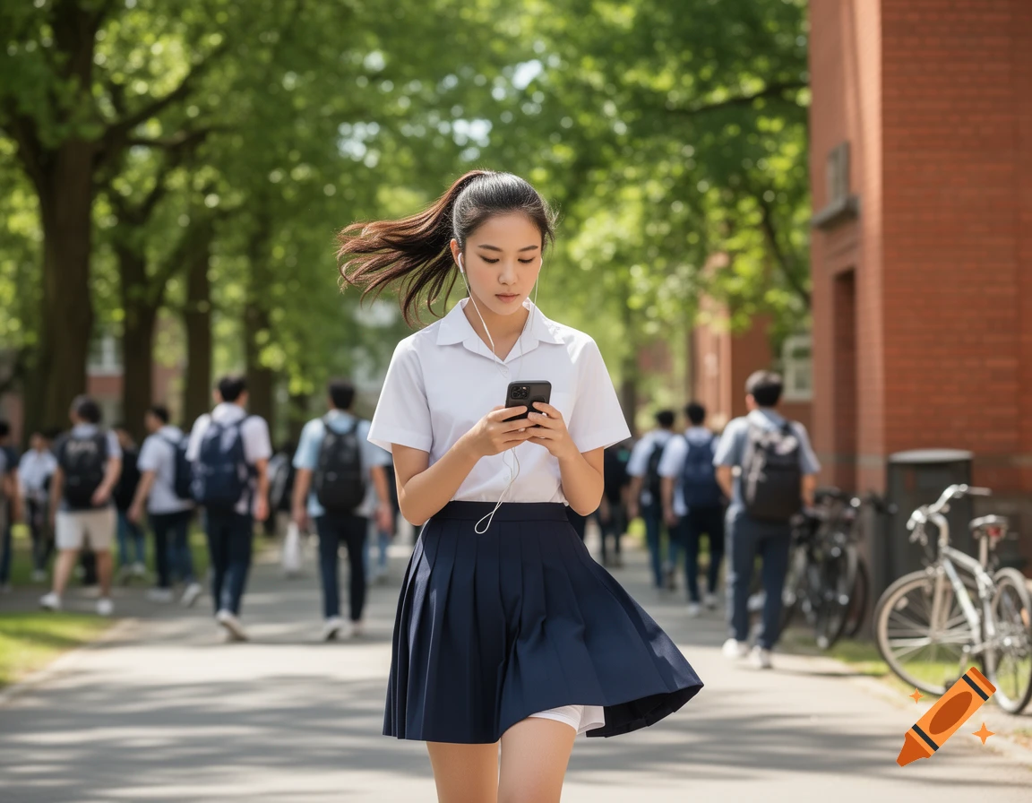 A young female student with a ponytail, wearing a white shirt and dark blue pleated skirt, walks outdoors while looking at her smartphone and wearing wired earbuds. Her skirt is slightly lifted by the wind, revealing white safety shorts. Other students and school buildings are in the background.