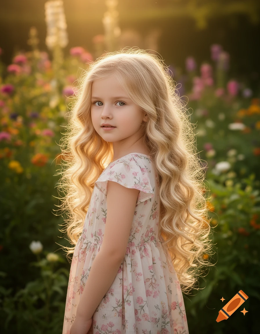 A young blonde girl with long wavy hair in a floral dress stands in a sunlit garden, looking back at the viewer.