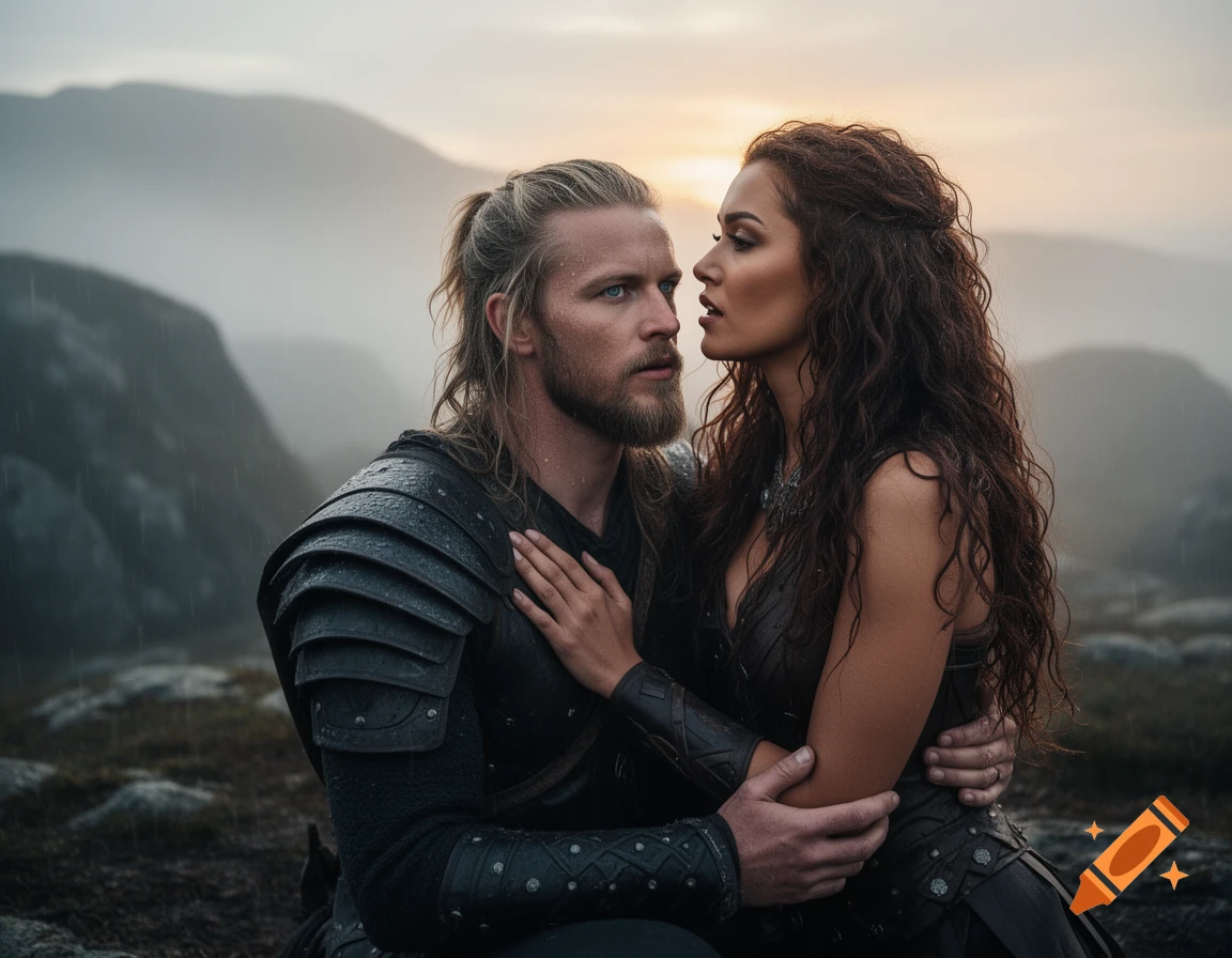 A photorealistic image of a blonde Viking man being comforted by a dark-haired Valkyrie woman in a misty, rainy mountain landscape at sunset.