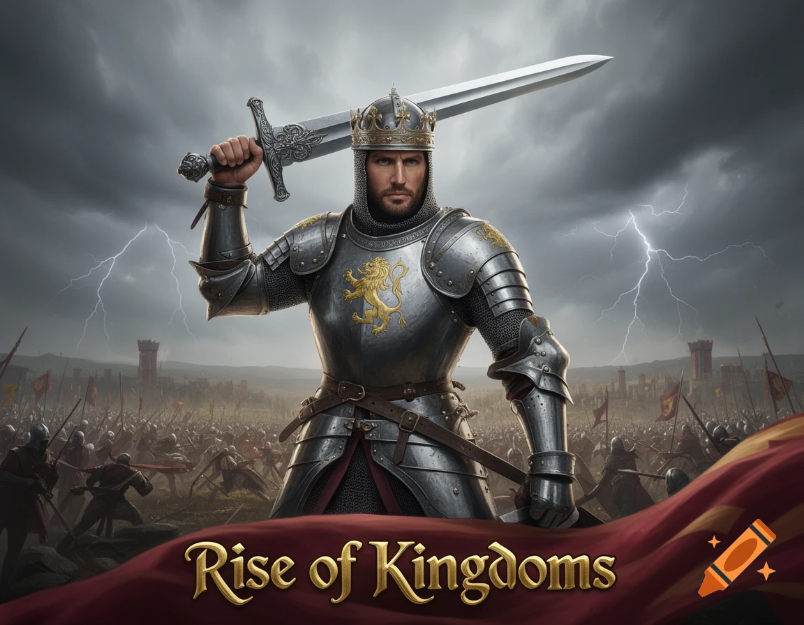 A knight in shining armor with a lion crest raises a sword on a stormy battlefield with lightning, castles, and soldiers, above a red banner reading 'Rise of Kingdoms'.