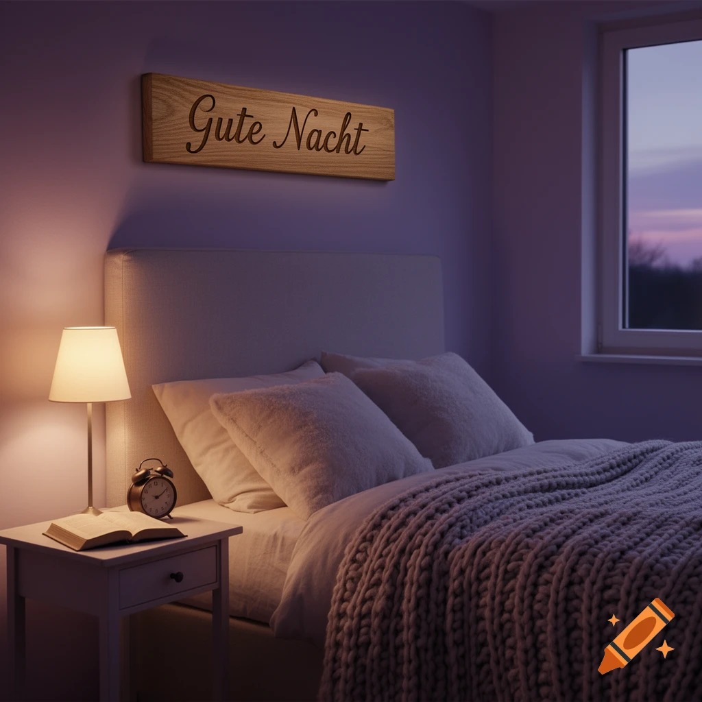 A cozy bedroom at night with a lighted wooden "Gute Nacht" sign above the bed, a lamp, and a book on the nightstand.