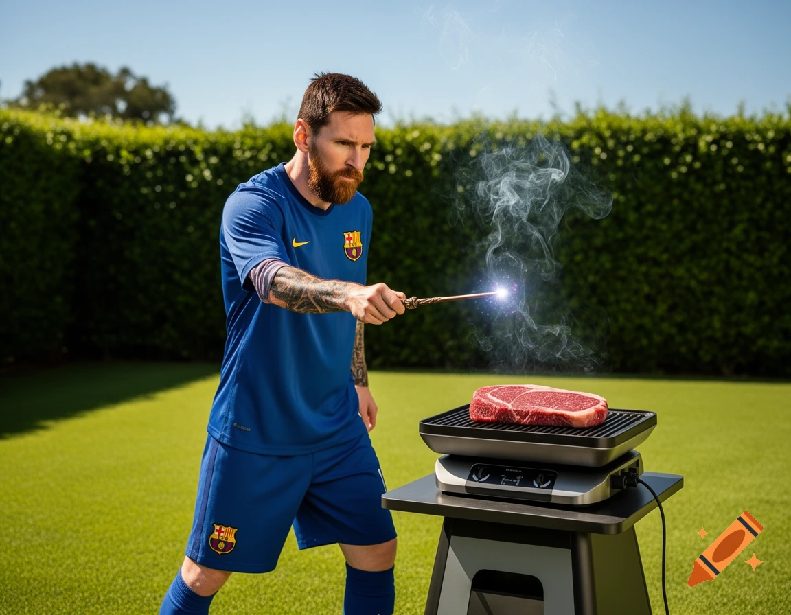 Lionel Messi in an FC Barcelona kit uses a magic wand to grill a steak on a barbecue outdoors on a sunny day.