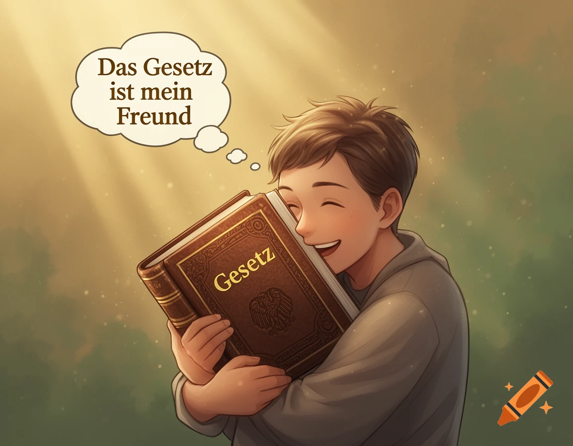 A happy boy hugs a book titled 'Gesetz' (Law); a thought bubble reads 'Das Gesetz ist mein Freund'. Anime style illustration.