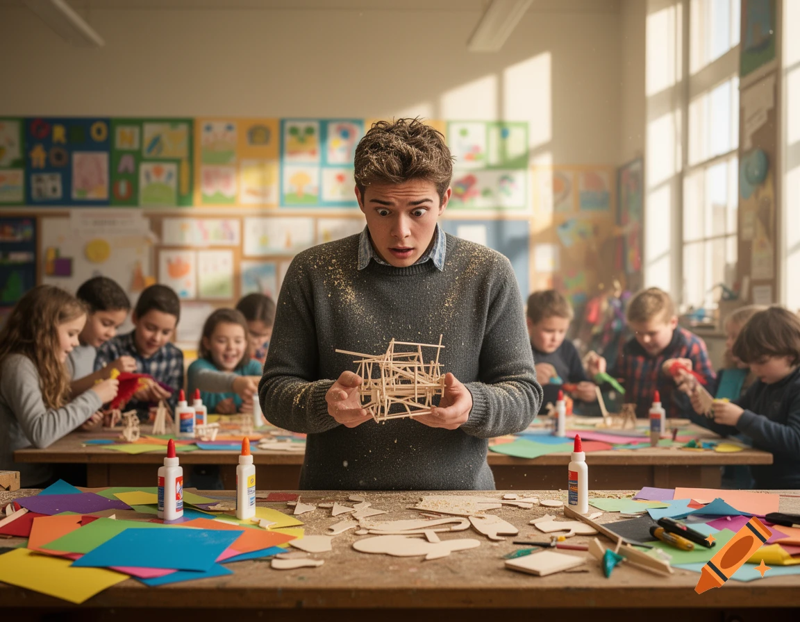 A surprised young male teacher covered in sawdust holds a stick sculpture in a bustling classroom filled with children doing crafts, photorealistic style.