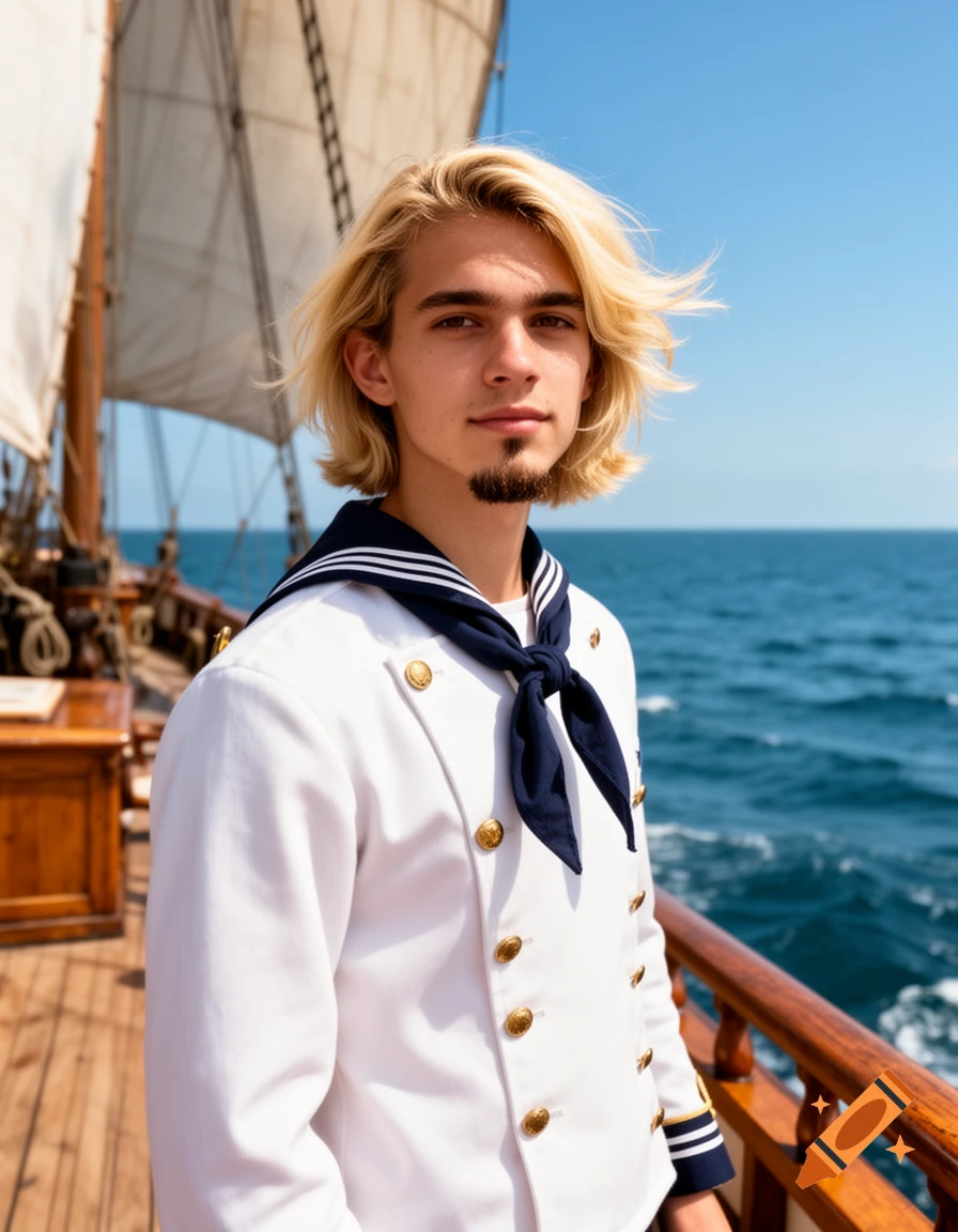 A photorealistic portrait of a young man with blonde hair and a goatee in a sailor uniform on a sailboat deck.