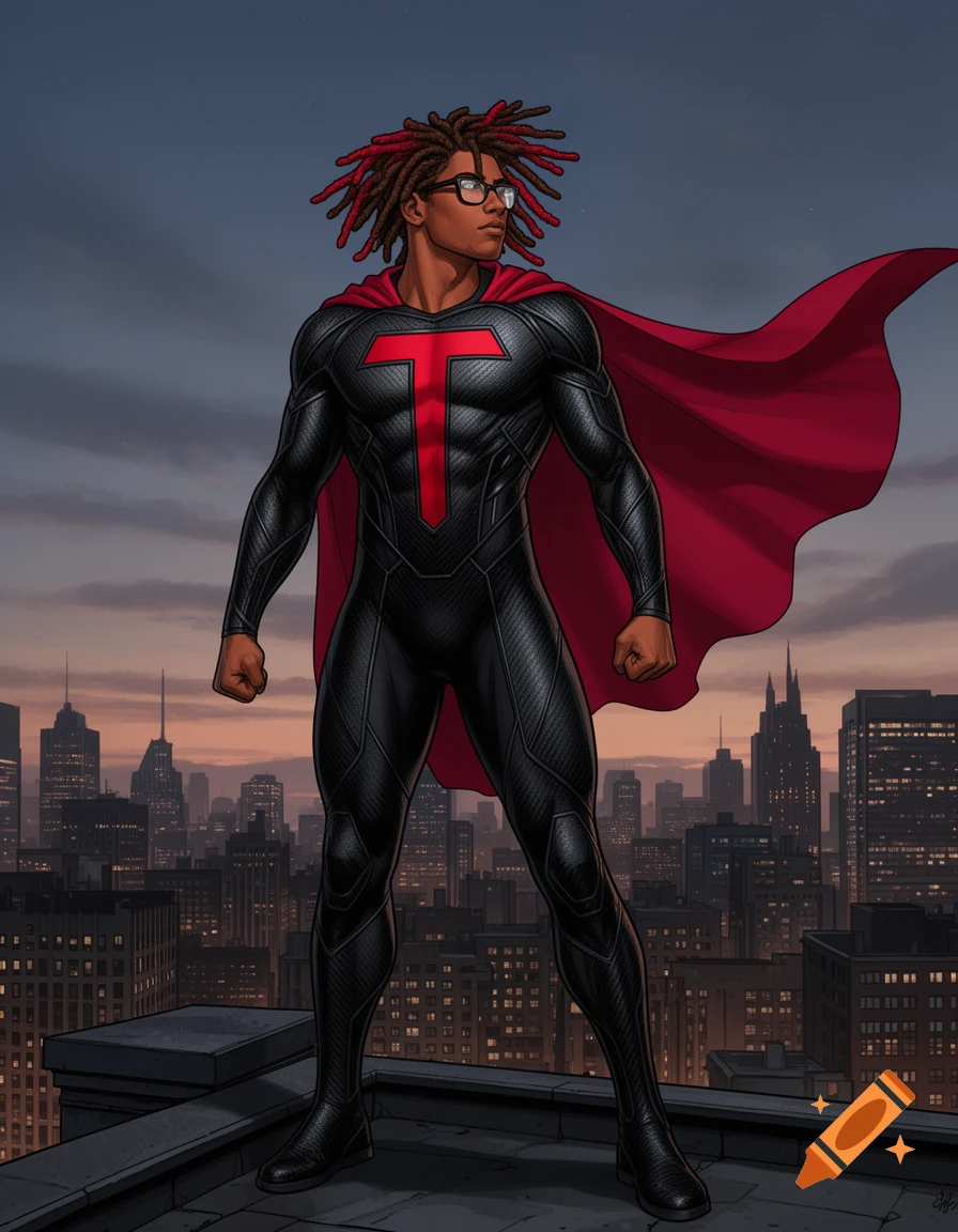 A confident male superhero with red-tipped dreadlocks, glasses, a black suit with a red 'T' emblem, and a red cape stands on a city rooftop at dusk. Comic book style.