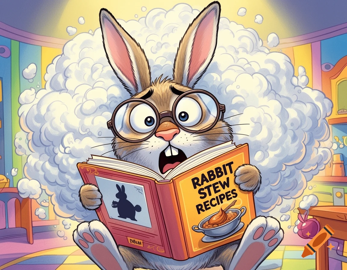 A wide-eyed, horrified cartoon rabbit wearing glasses holds an open book titled 'Rabbit Stew Recipes' with a silhouette of a rabbit.