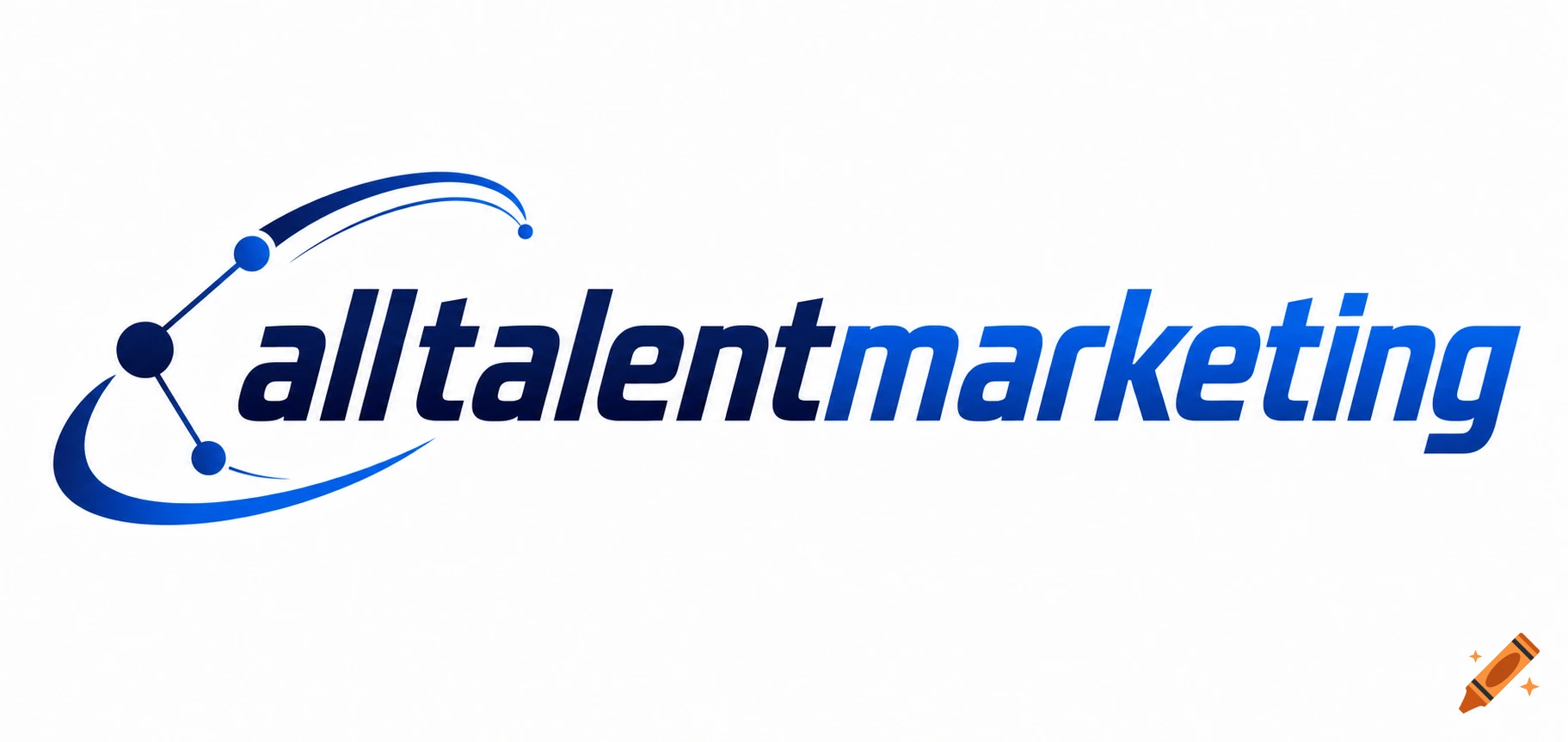 A blue gradient logo featuring the word "alltalentmarketing" with abstract orbital elements.