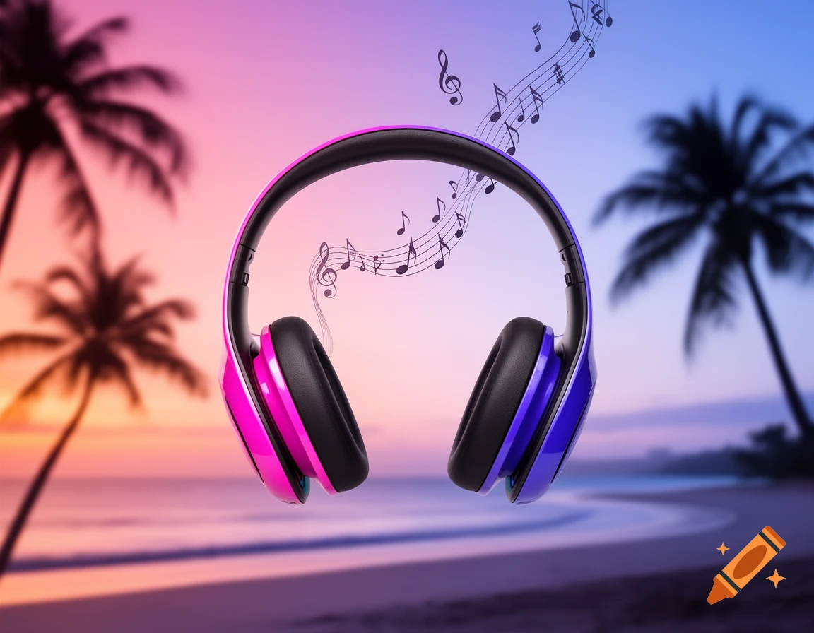 Pink and blue headphones float above a tropical beach at sunset, with musical notes emanating from them.