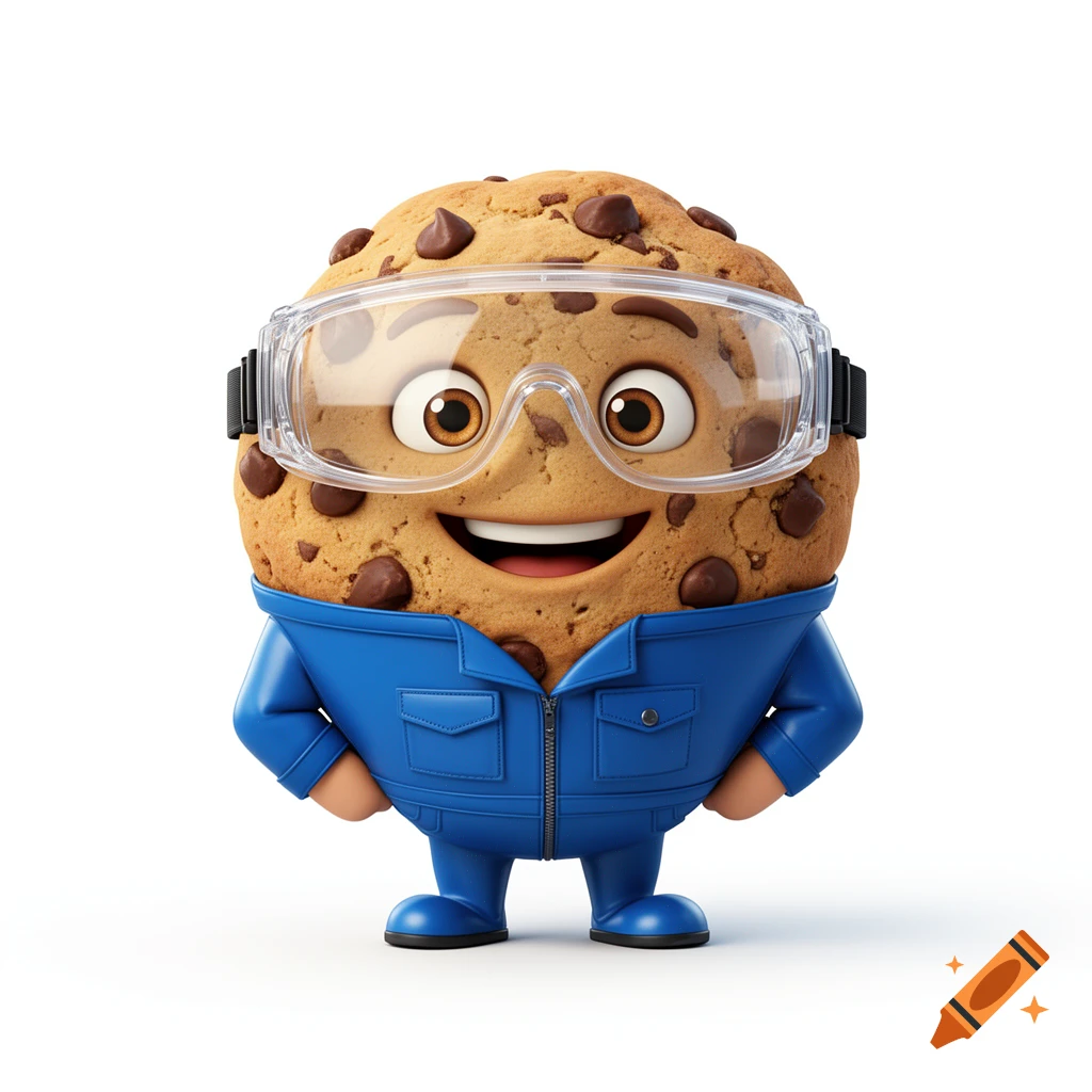 A cute, smiling cartoon chocolate chip cookie character wearing clear safety goggles and a blue industrial work jacket on a white background.