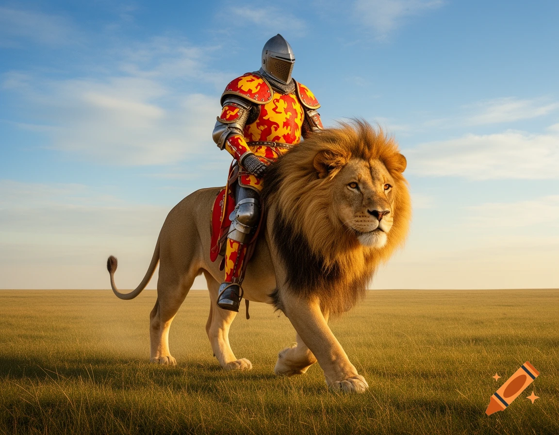 A knight in red and yellow armor rides a majestic lion across a vast green plain under a clear blue sky, photorealistic style.