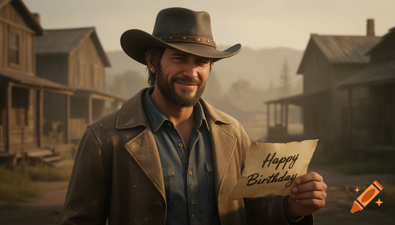 A man resembling Arthur Morgan from Red Dead Redemption, wearing a cowboy hat and duster, smiles while holding a 'Happy Birthday' note in a dusty Western town.