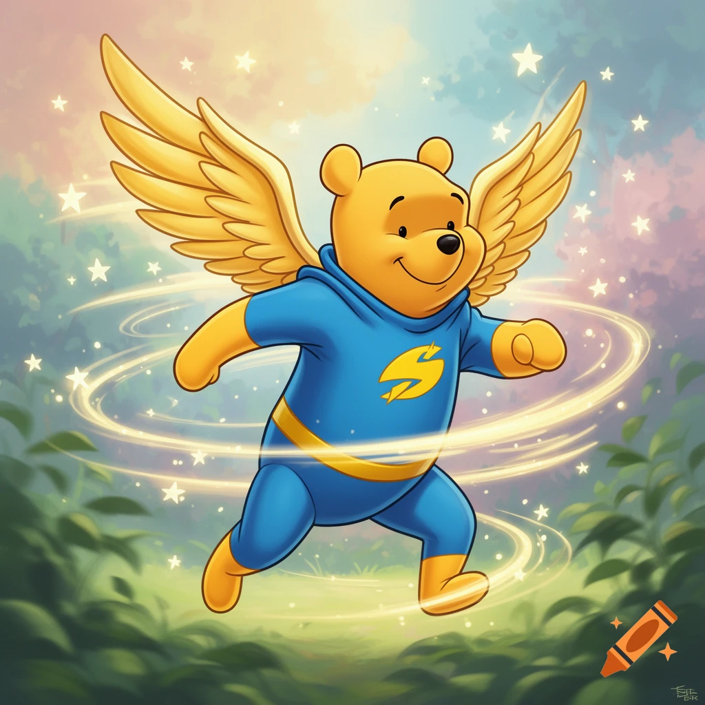 Winnie the Pooh as a superhero, wearing a blue and yellow suit with golden wings, running through a magical, star-filled forest.