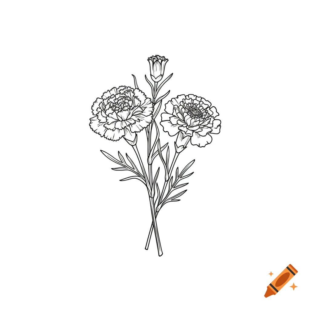 Minimalist black line art illustration of two detailed flowers, possibly a carnation and a marigold, with a bud and delicate stems and leaves on a white background.