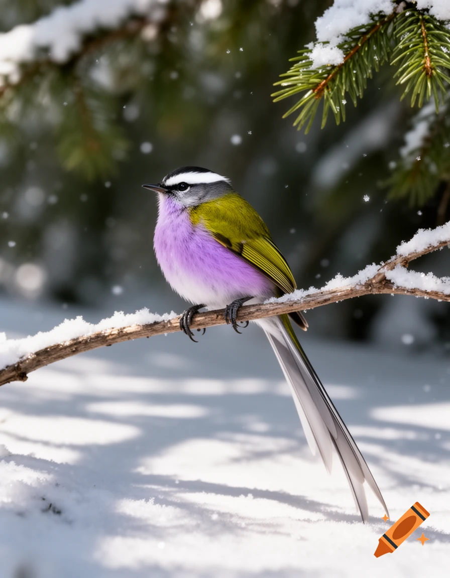 A vibrant purple and olive bird with a white and black head sits on a snow-covered branch amidst falling snowflakes.