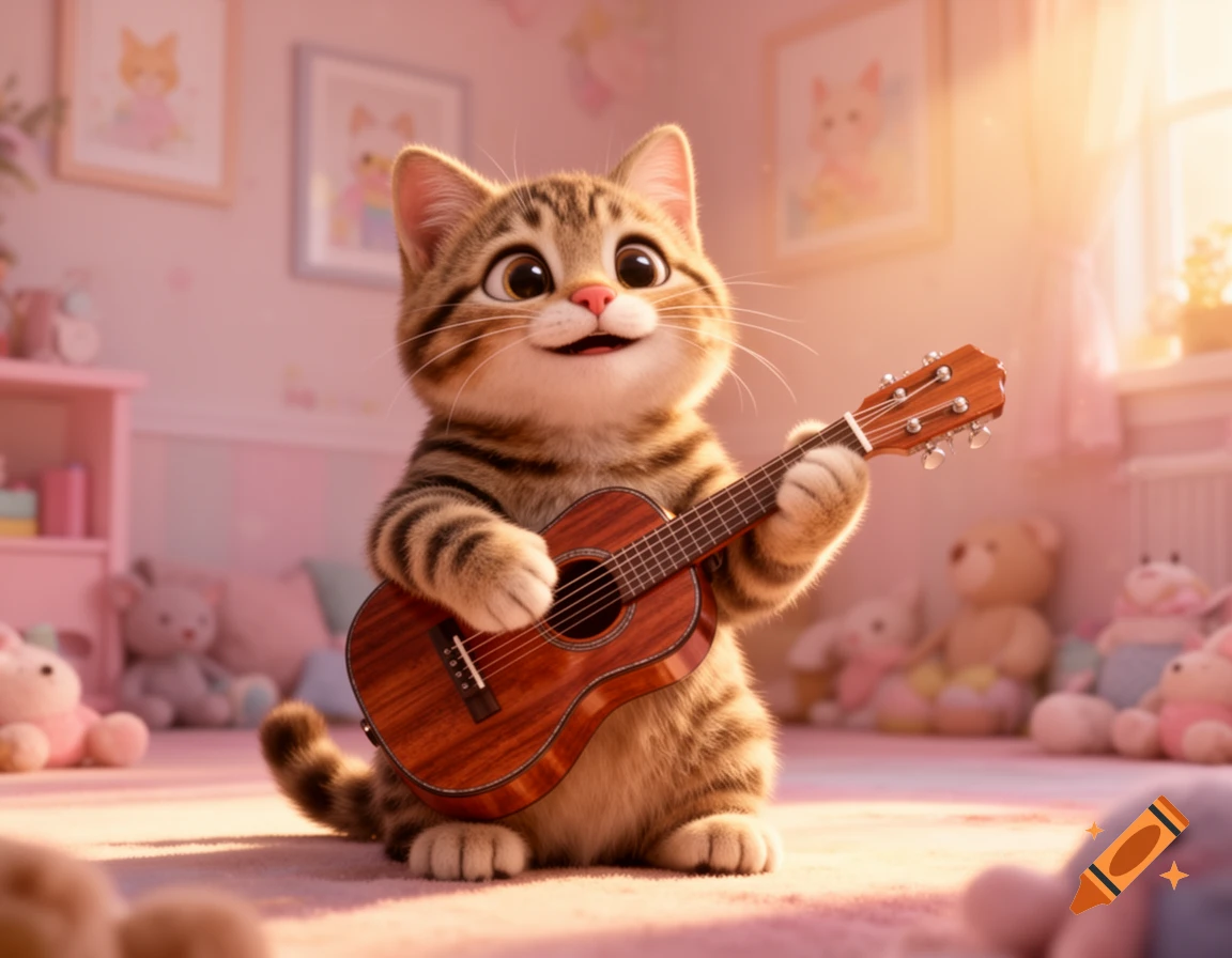 A cute 3D animated tabby cat happily plays a small wooden guitar in a pink, sunlit room filled with plush toys.