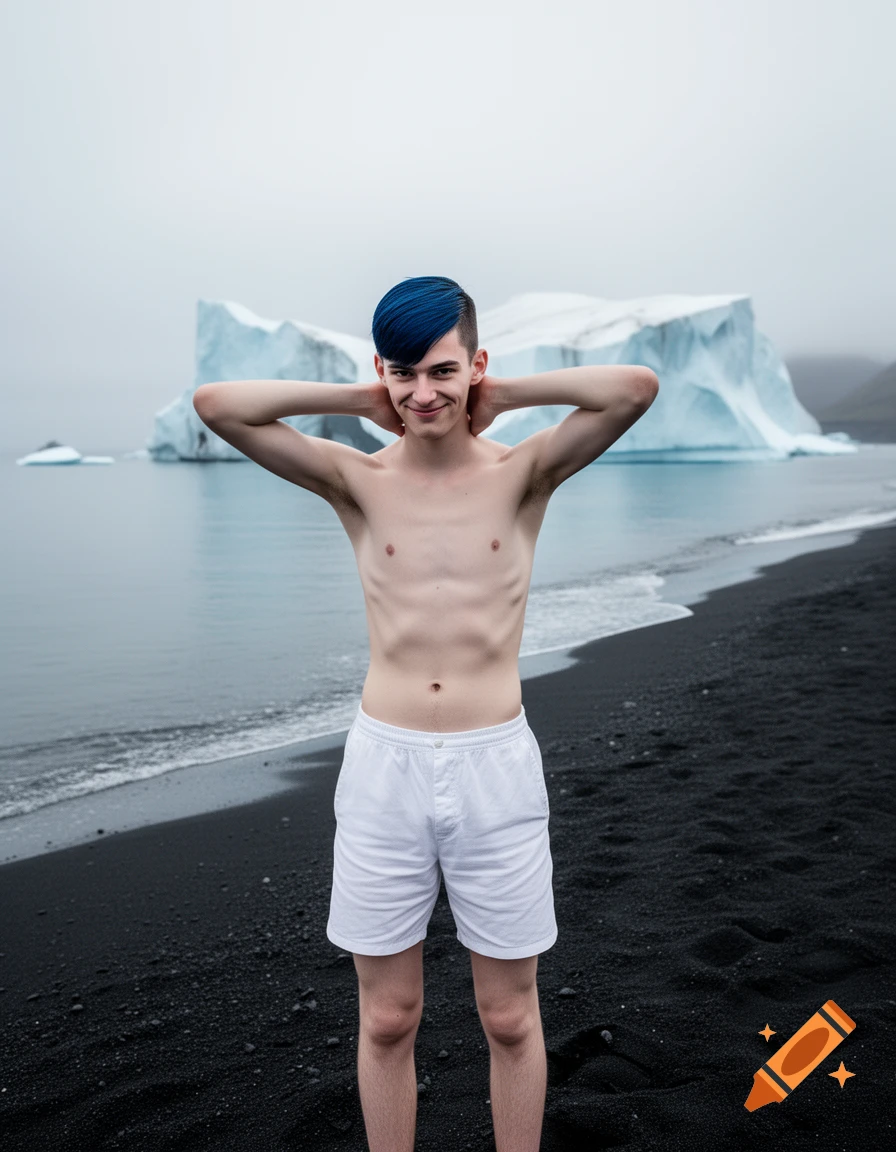 A bare-chested young man with blue hair and a mocking smile stands on a black sand beach with hands behind his neck, a large iceberg in the sea behind him.