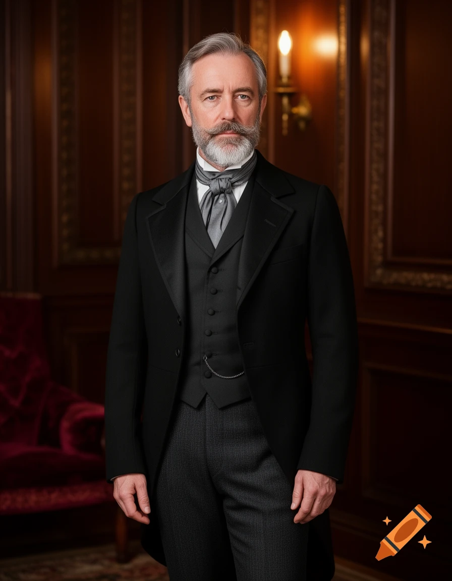 A distinguished man with a grey beard and formal 19th-century attire stands in a luxurious, wood-paneled room.