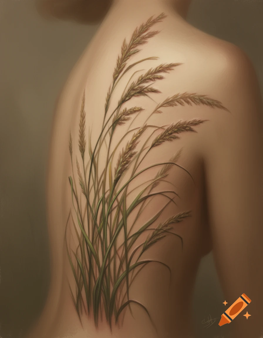Artistic tattoo of wild grasses on a person's upper back, rendered in a naturalistic style.