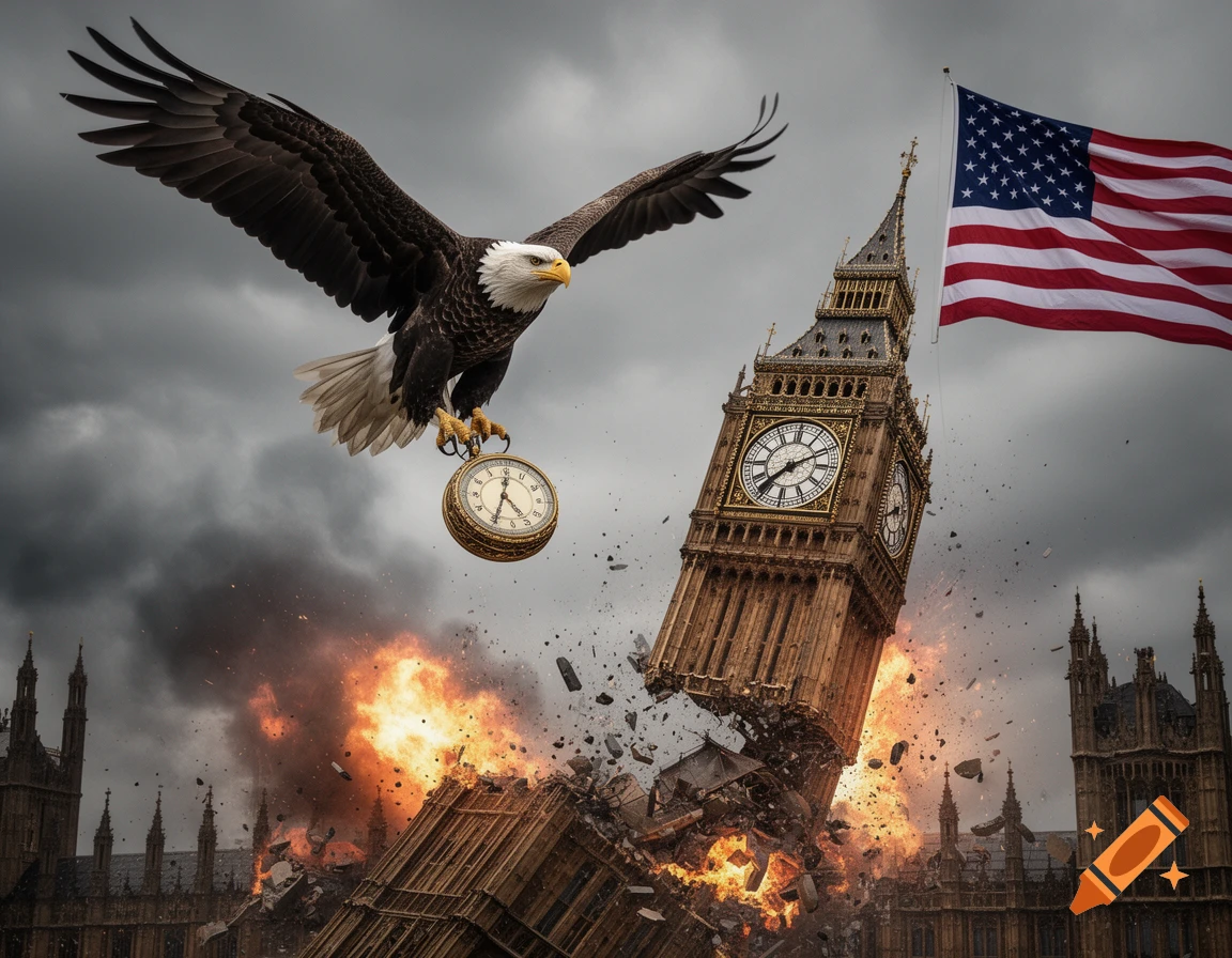 A giant bald eagle drops a clock onto a collapsing Big Ben, with explosions and an American flag waving in a stormy sky.