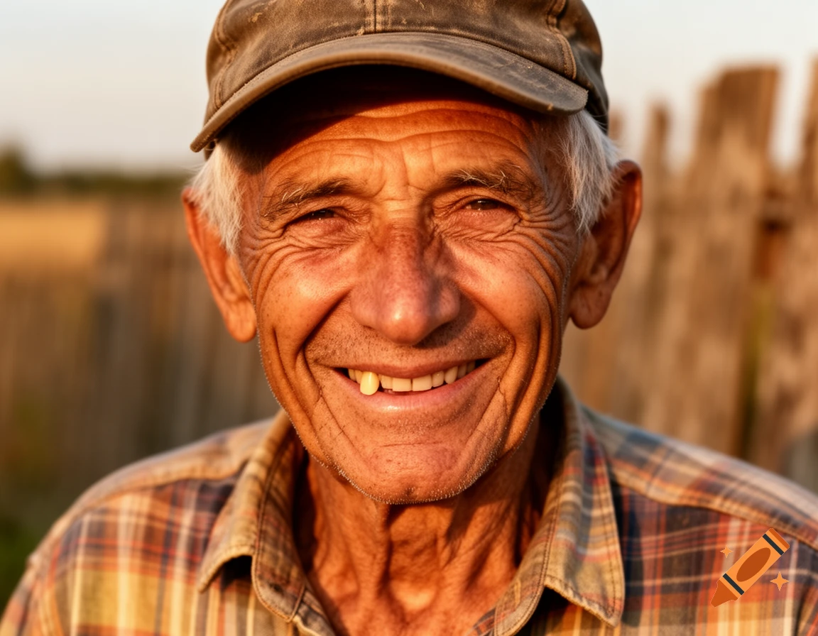 Close-up photorealistic portrait of an elderly man wearing a cap and plaid shirt, smiling warmly outdoors with one prominent tooth.