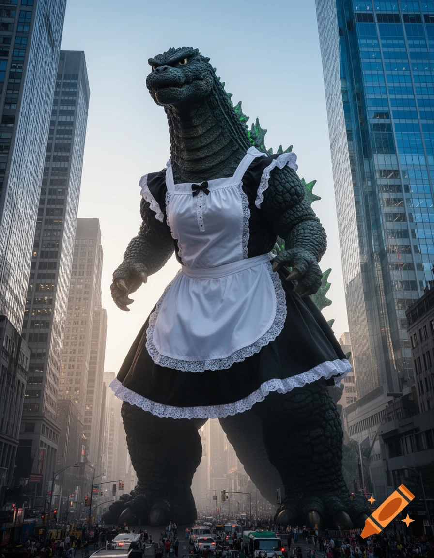 Giant Godzilla wearing a maid dress stands in a busy city street, towering over skyscrapers and crowds in a photorealistic style.