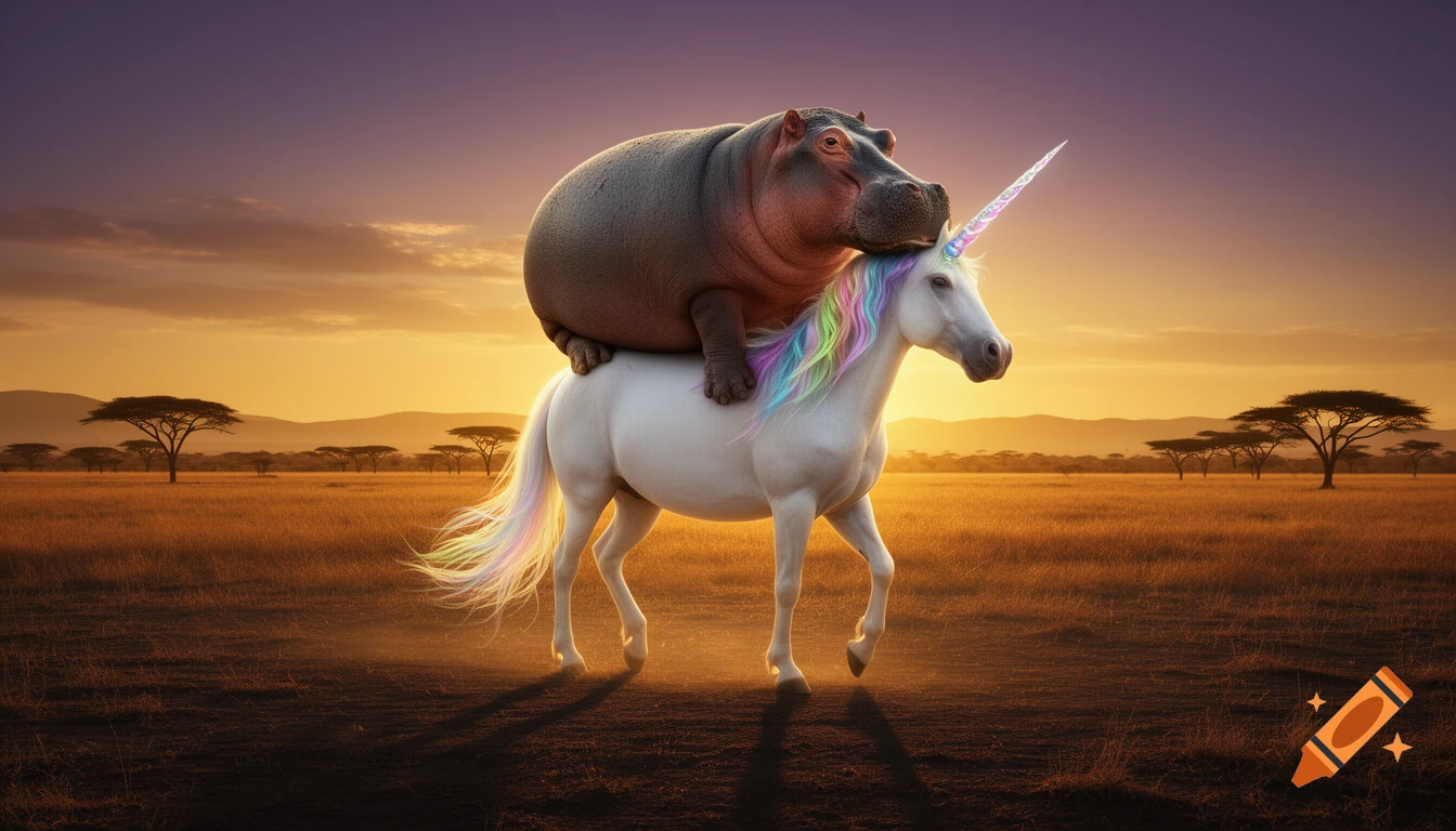 A photorealistic hippo rides a white unicorn with a rainbow mane and horn across an African savanna at sunset.