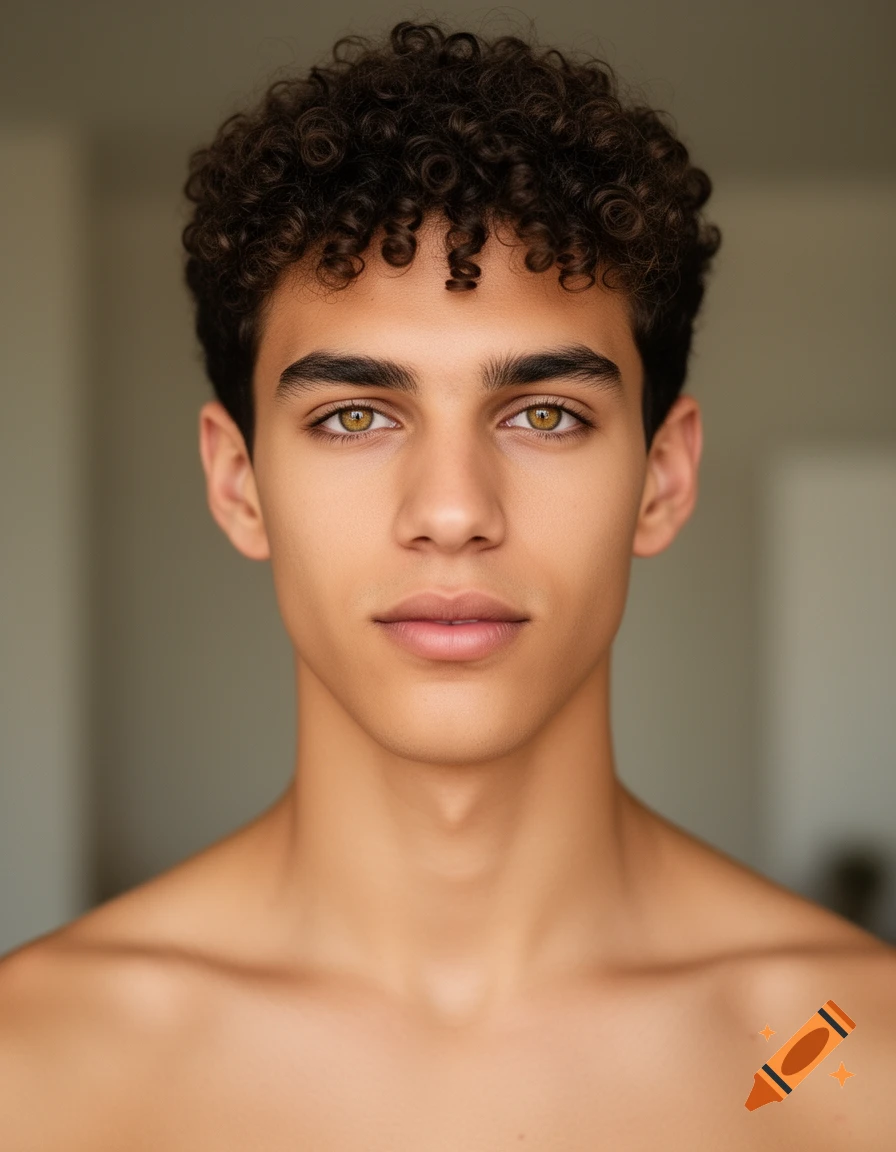 A close-up photorealistic portrait of a young man with short curly dark brown hair, hazel eyes, and light brown skin looking forward.