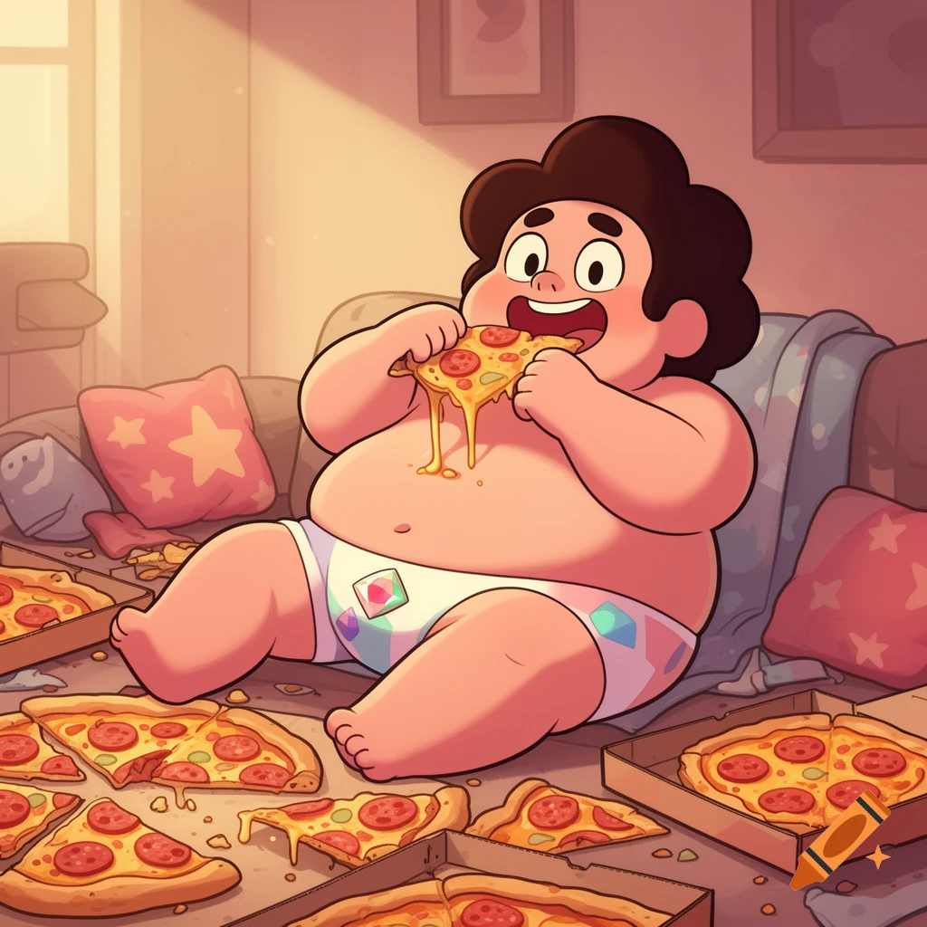 An obese cartoon Steven Universe in his undies sits on a couch, happily eating a slice of pizza surrounded by pizza boxes and discarded slices.