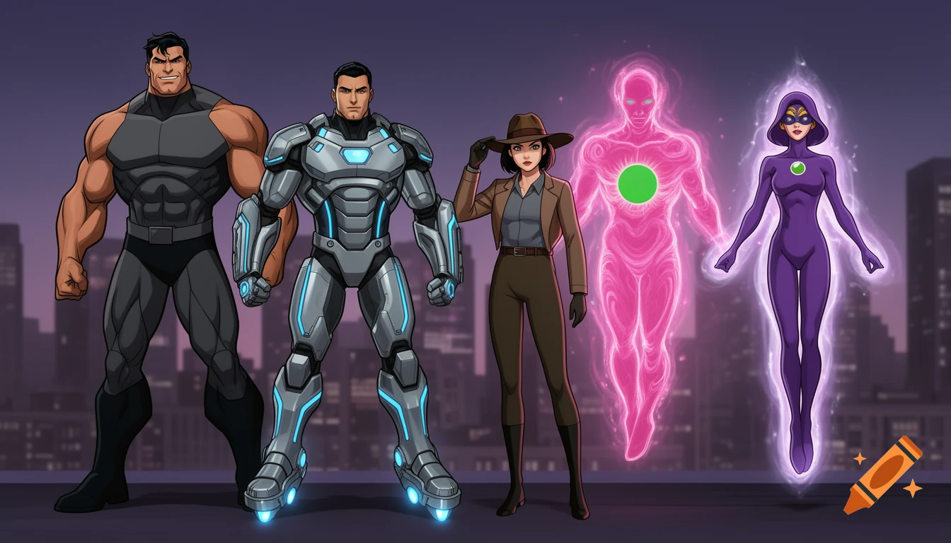A lineup of five diverse comic book style superheroes, including a muscular man, an armored man, a detective woman, a glowing pink energy being, and a levitating purple superheroine.