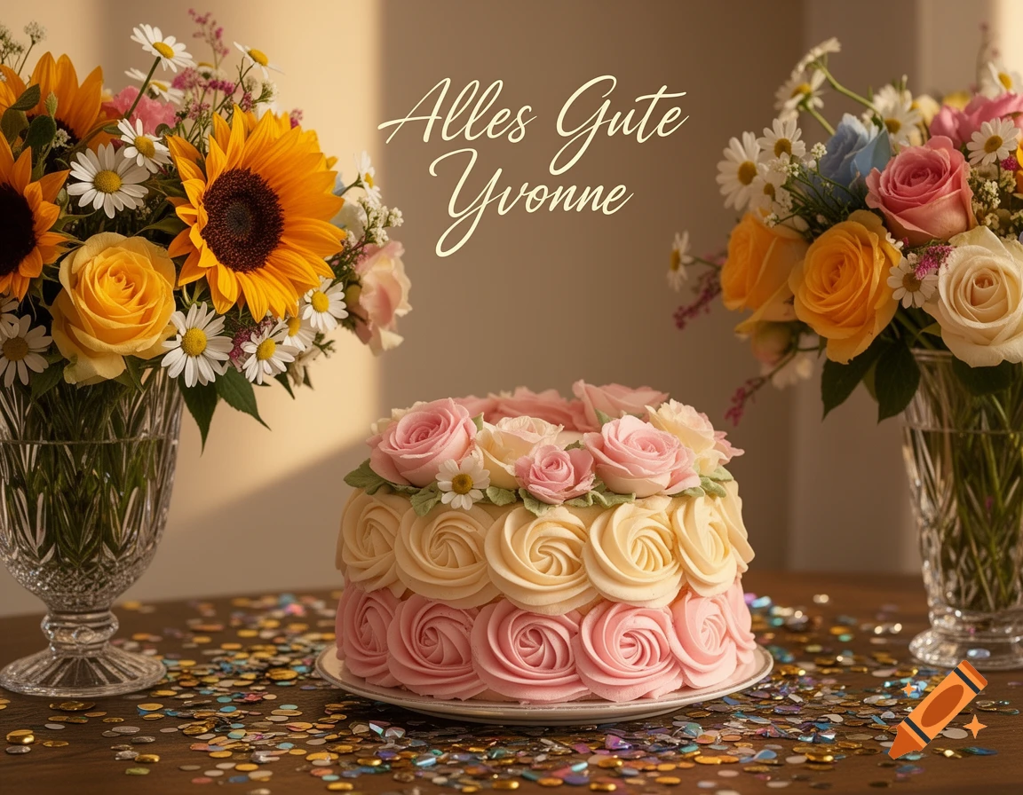A birthday cake with rose frosting, surrounded by confetti and flower bouquets, with the text 'Alles Gute Yvonne' on the wall.