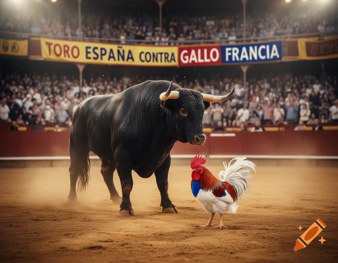 A large black bull and a colorful rooster face each other in a bullring arena with a crowd and a banner in the background.
