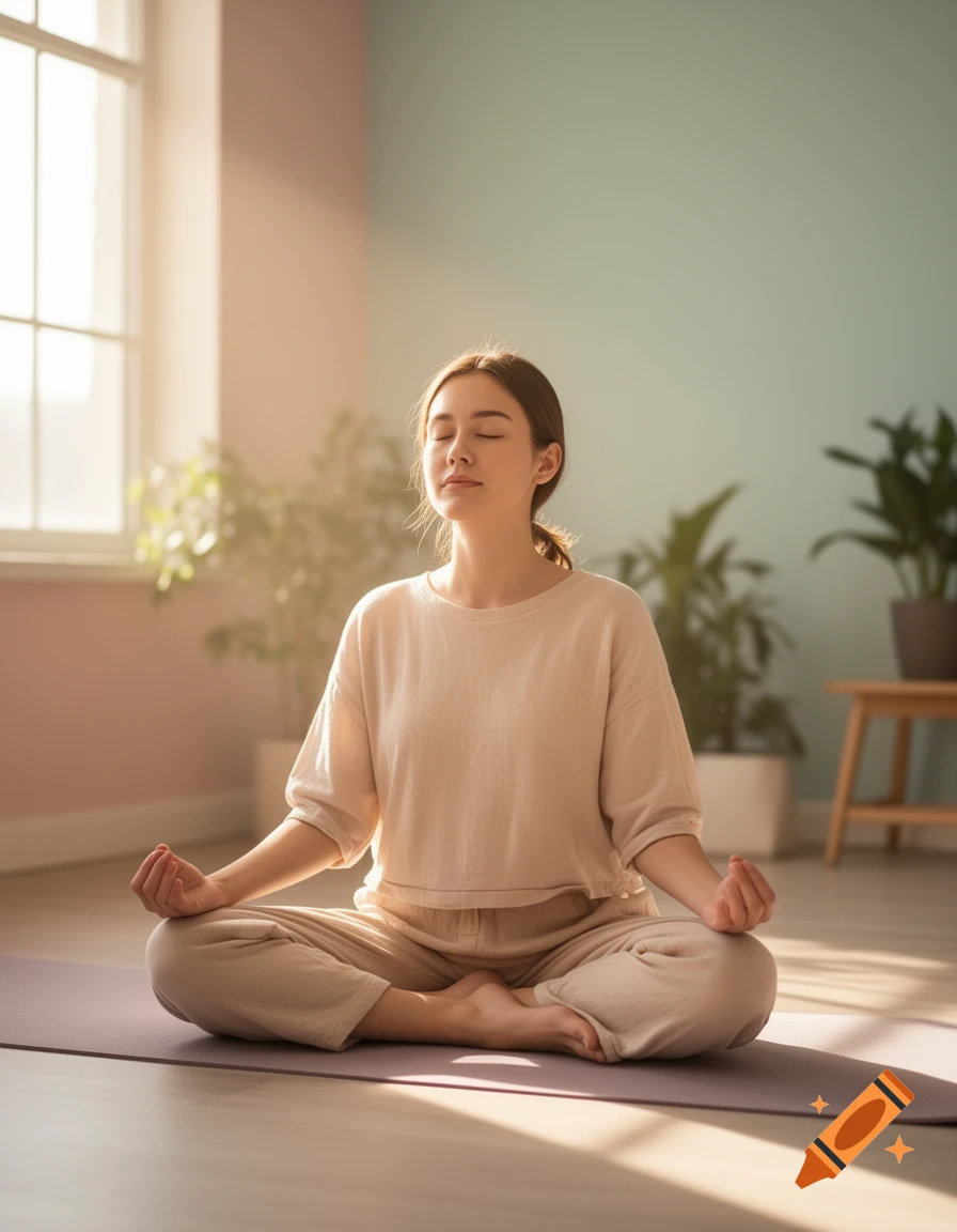 A woman meditates in a cross-legged position on a mat in a sunlit room with plants.