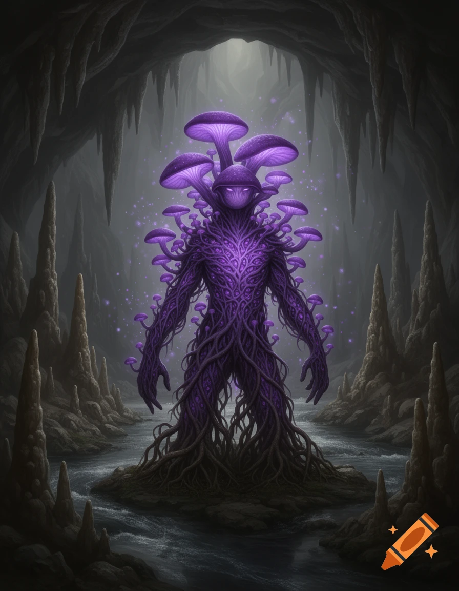 A mystical purple mushroom-humanoid creature with glowing eyes stands in a dark cave with stalagmites and a river.