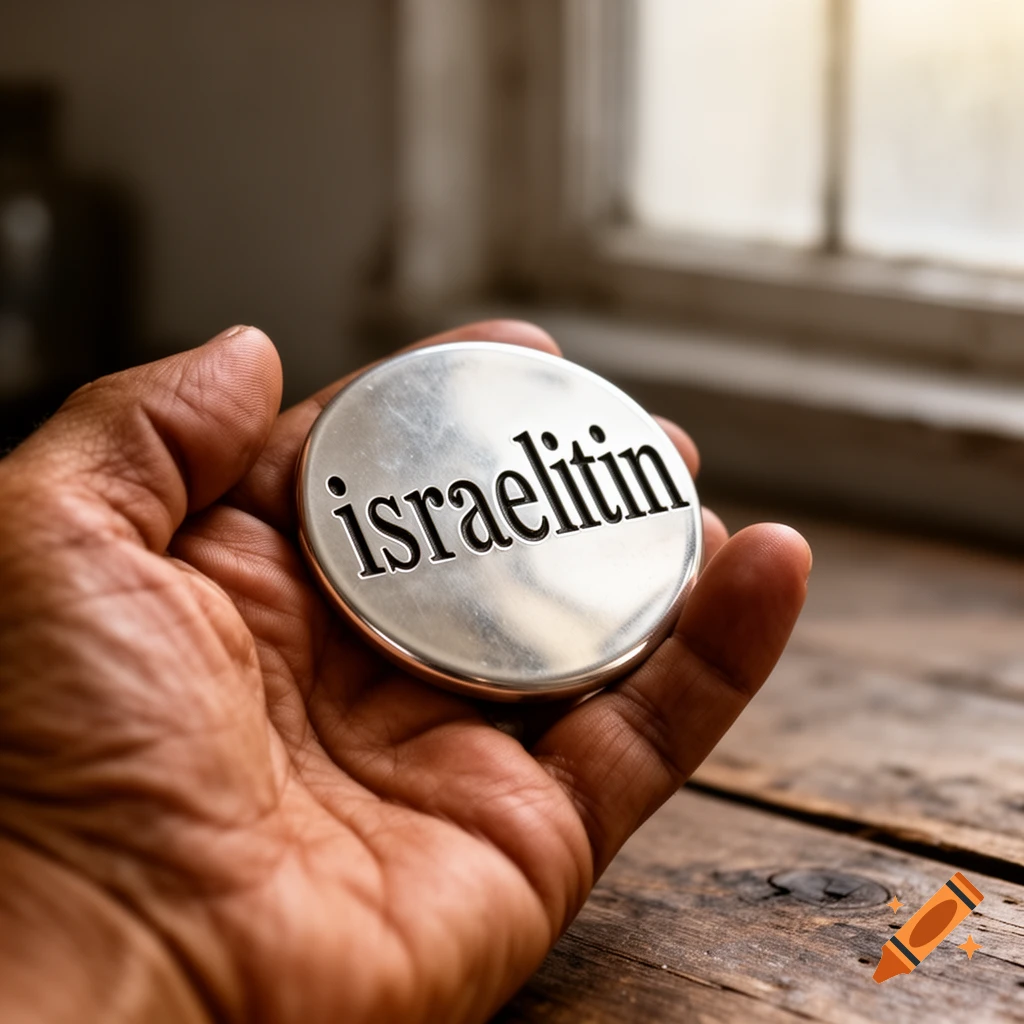 A dark-skinned hand holds a shiny silver coin with 'israelitin' inscribed, against a blurred window background.