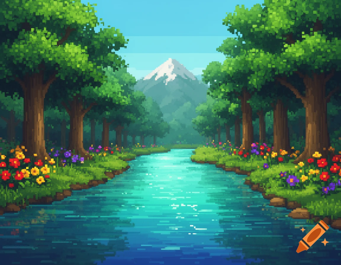 Vibrant pixel art landscape featuring a blue river flowing between lush green banks with colorful wildflowers and tall trees, leading to a snow-capped mountain under a bright sky.