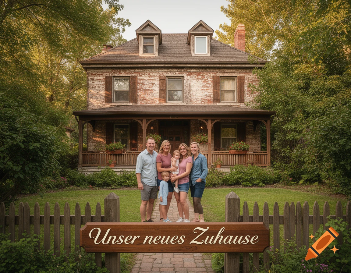 A smiling family of five stands in front of a brick house with a porch. A sign on a wooden fence reads 'Unser neues Zuhause'.