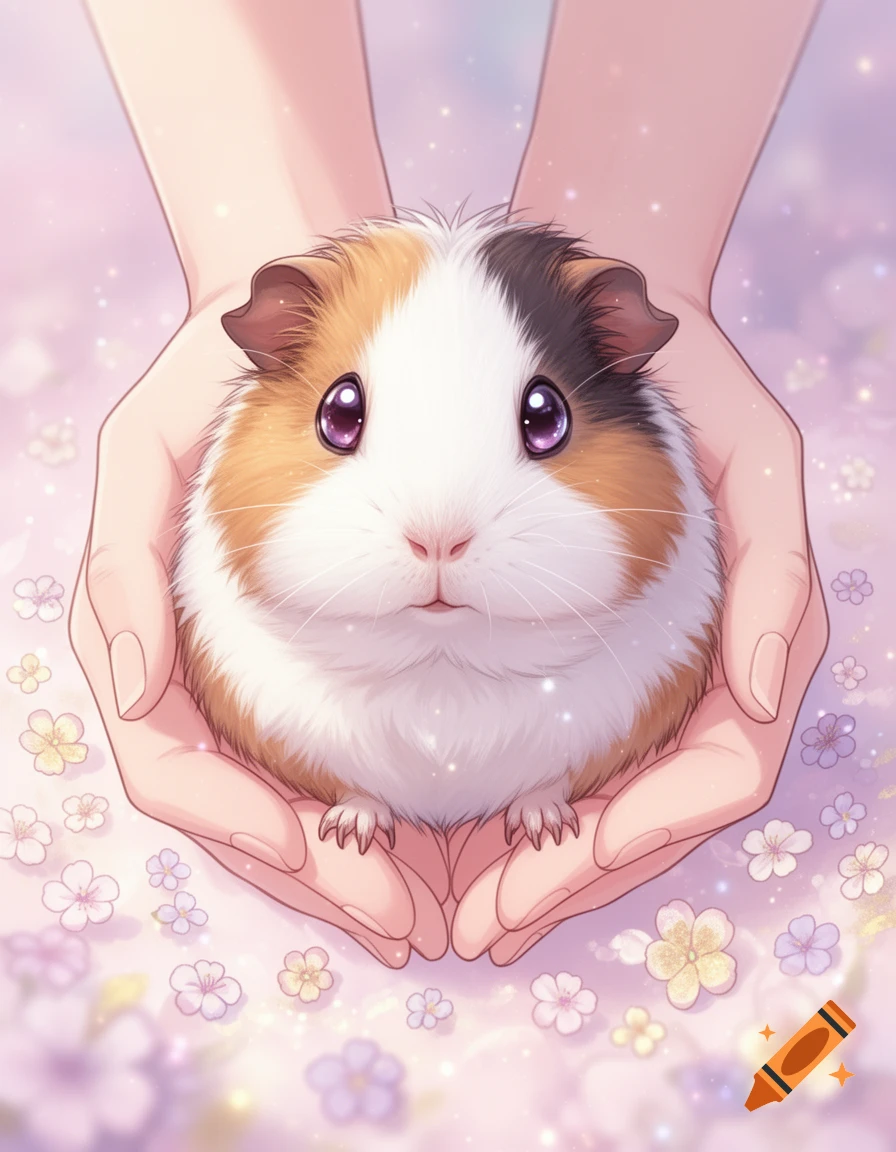 A cute calico guinea pig with large purple eyes held gently in cupped hands, set against a pastel background with small flowers in anime style.