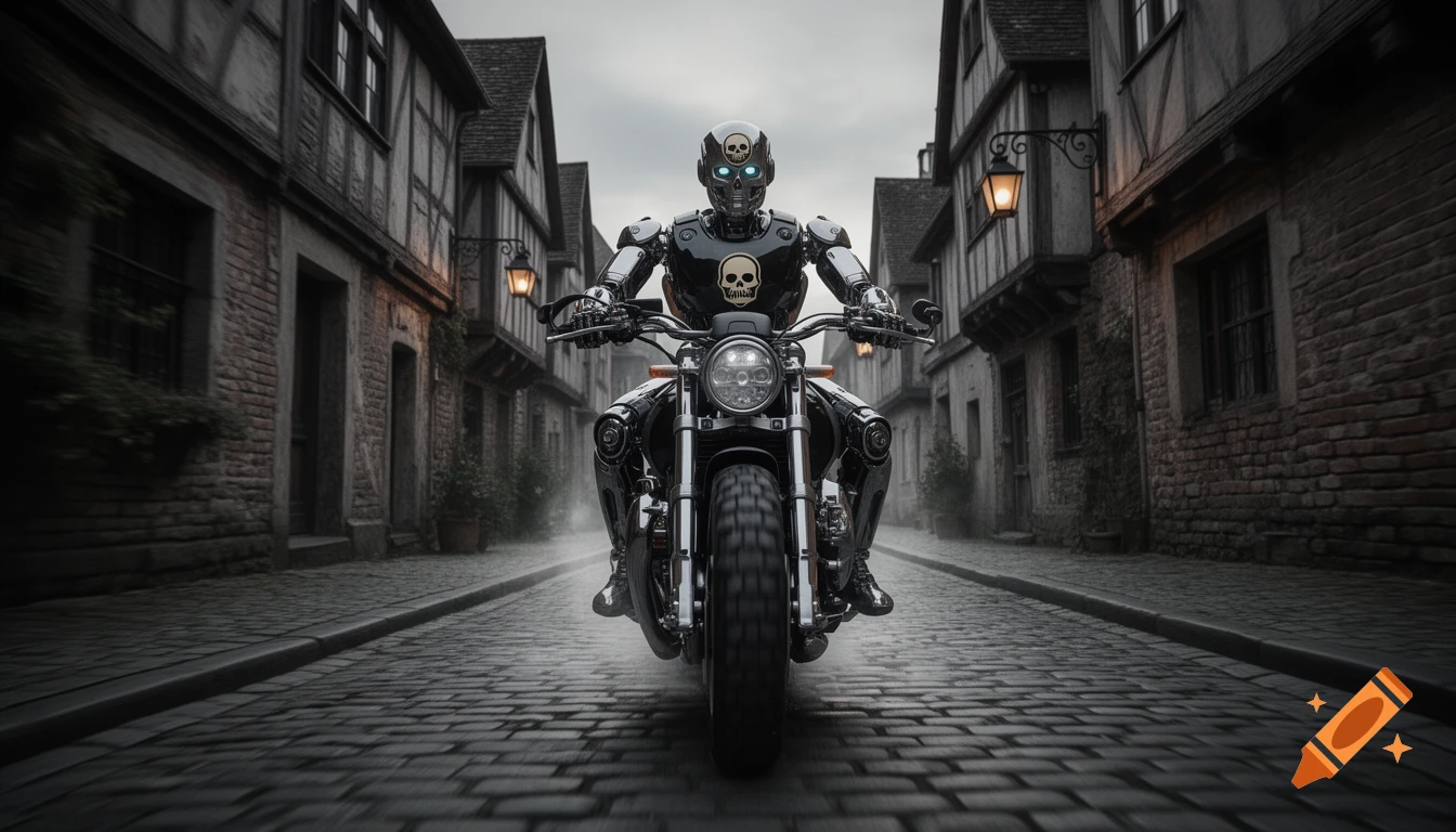 A photorealistic robot with glowing blue eyes and skull emblems rides a motorcycle down a cobblestone street in an old town.
