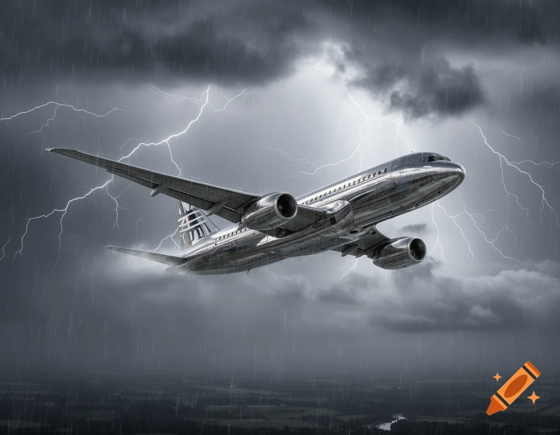 A chrome passenger airplane flies through a dark, rainy thunderstorm with multiple lightning strikes in the sky over a landscape.