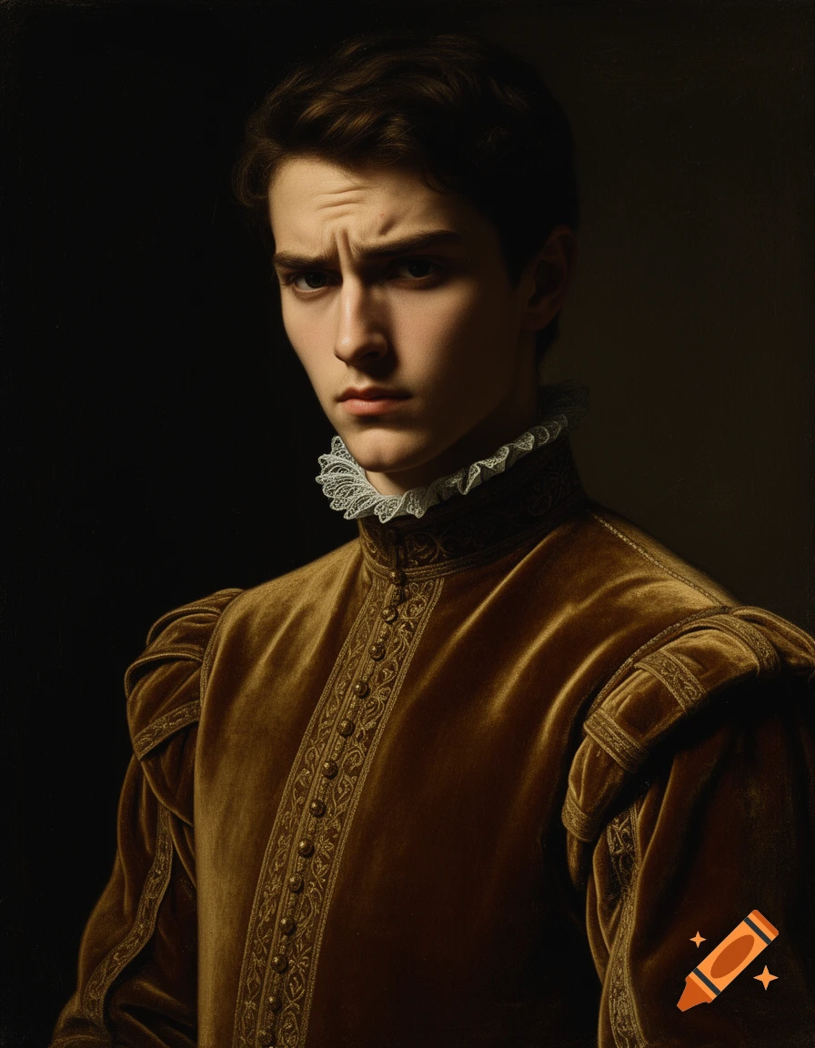 A serious young male in a dark gold velvet Renaissance doublet and white lace ruff, dramatically lit in a portrait painting.